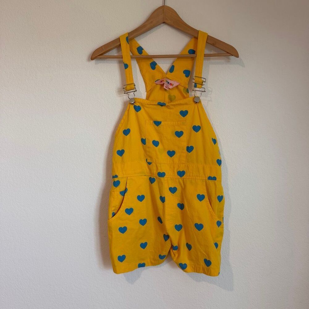 Hugo Loves Tiki Baby Girls Yellow Heart Print Shortalls Overalls Size 10T